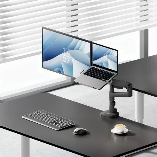 ACT Bras pour moniteur et ordinateur portable office premium, avec vérin à gaz, monté sur poteau ACT Bras pour moniteur et ordinateur portable office premium, avec vérin à gaz, monté sur poteau