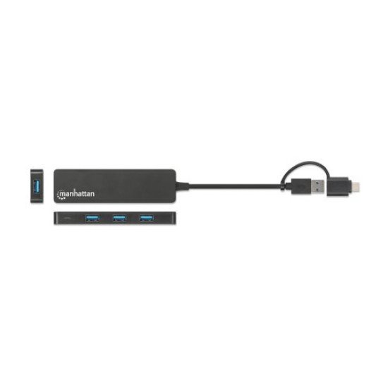 Manhattan Dock/hub combo USB-C & USB-A, 4 ports : 4x USB-A, 5 Gbit/s (USB 3.0), Alimenté par USB (aucune alimentation externe requise)