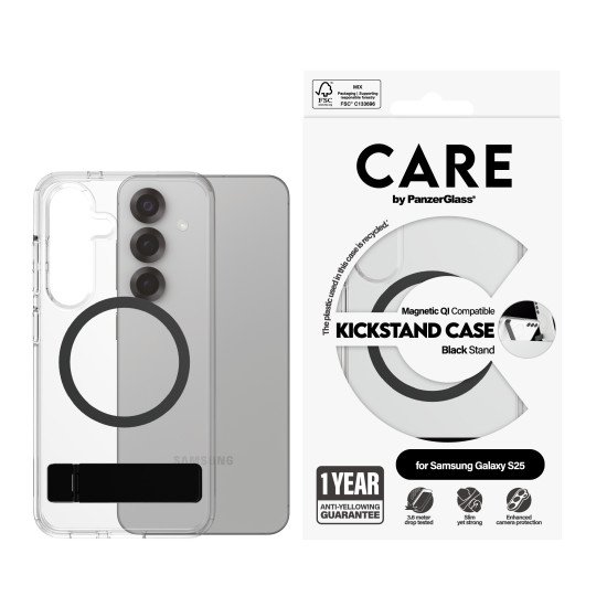 PanzerGlass CARE by ® Feature Case Transparent w. Black Kickstand & Qi Compatible Samsung Galaxy S25 coque de protection pour téléphones portables Housse PanzerGlass CARE by ® Feature Case Transparent w. Black Kickstand & Qi Compatible Samsung Galaxy S25 coque de protection pour téléphones portables Housse