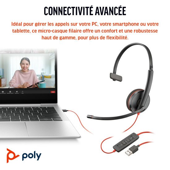 POLY Micro-casque Blackwire 3210 monaural USB-C + adaptateur USB-C/A