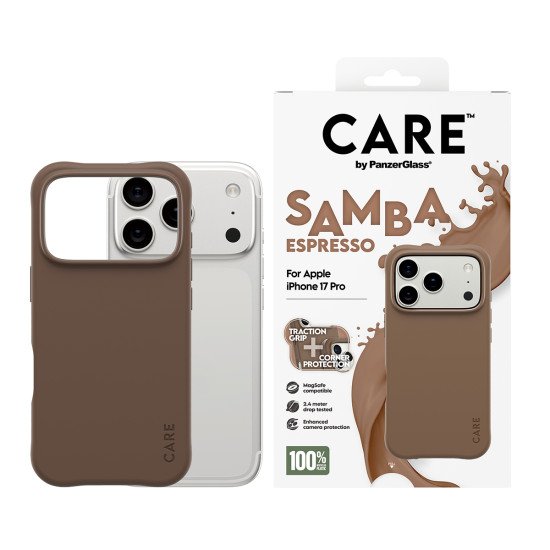 PanzerGlass CARE by ® Fashionable Case Samba Espresso w. MagSafe iPhone 17 Pro coque de protection pour téléphones portables Housse Marron PanzerGlass CARE by ® Fashionable Case Samba Espresso w. MagSafe iPhone 17 Pro coque de protection pour téléphones portables Housse Marron