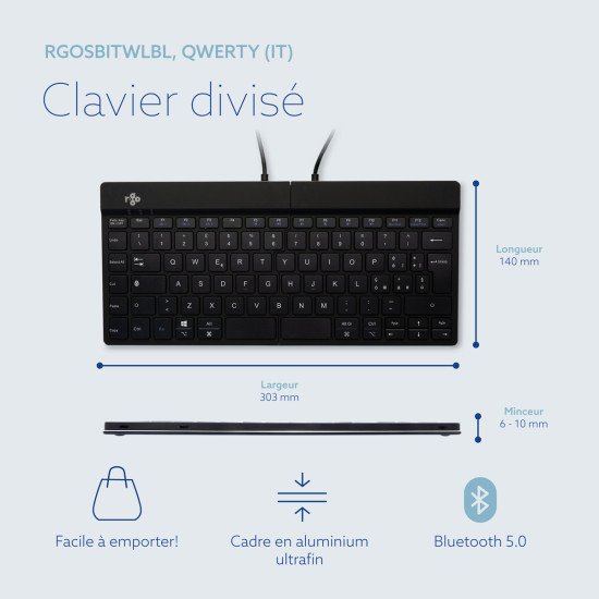 R-Go Tools Clavier ergonomique R-Go Split Break avec logiciel de pause, clavier ergonomique divisé, QWERTY (IT), bluetooth, noir