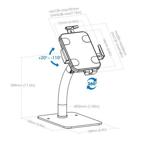 Manhattan Support antivol de bureau pour tablette/iPad, universel, rotation 360°, inclinaison +20° à -110°, verrouillable, blanc, tablettes 7,9"–11"