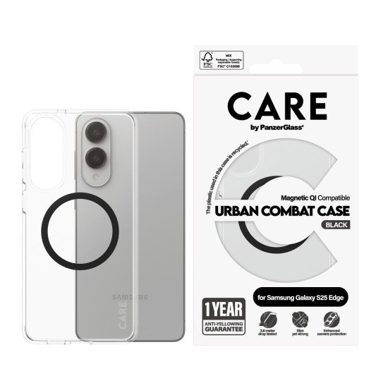 PanzerGlass CARE by ® Flagship Case Transparent Urban Combat w. Black Qi Compatible Samsung S25 Edge coque de protection pour téléphones portables Housse PanzerGlass CARE by ® Flagship Case Transparent Urban Combat w. Black Qi Compatible Samsung S25 Edge coque de protection pour téléphones portables Housse