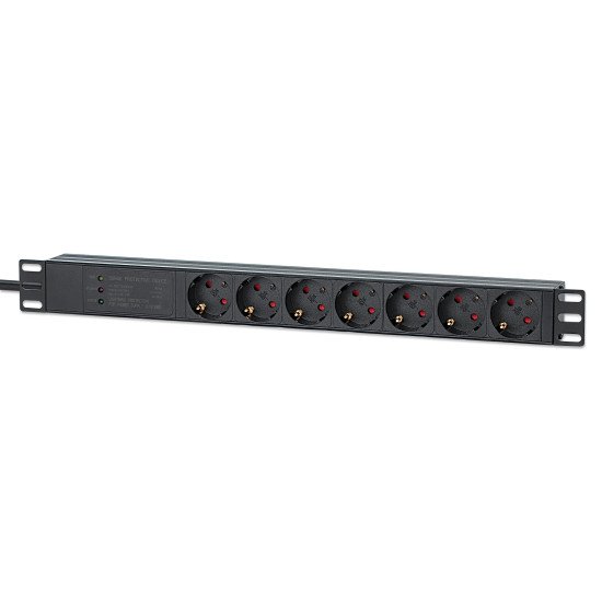 Intellinet Unité de distribution d'alimentation (PDU) 19" 1U à 7 prises EU, protection contre les surtensions (500 joules / 19 500 A), 16 A, montage horizontal, prises EU CEE 7/3, câble d'alimentation 3 m, sortie, montage en rack, garantie trois ans