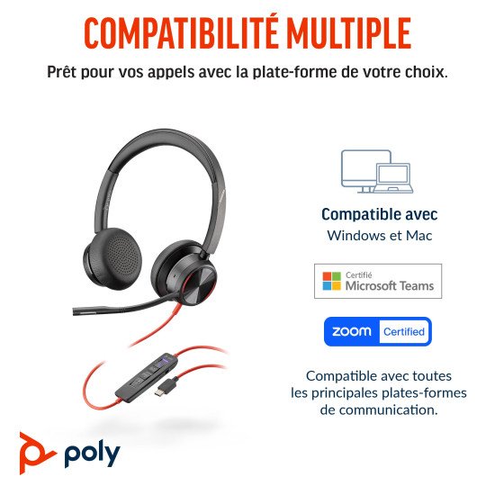 POLY Micro-casque Blackwire 8225 stéréo USB-C certifié Microsoft Teams + adaptateur USB-C/A