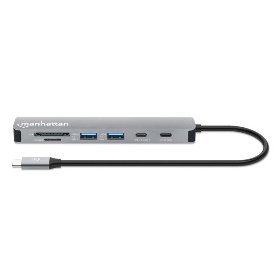 Manhattan Dock/hub USB-C avec lecteur de cartes, 5 ports : HDMI, 2x USB-A + 2x USB-C, avec Power Delivery (PD) 100 W - nécessite un chargeur USB-C externe (non inclus). Alimenté par USB (aucune alimentation externe requise) lorsque le PD n'est pas utilisé