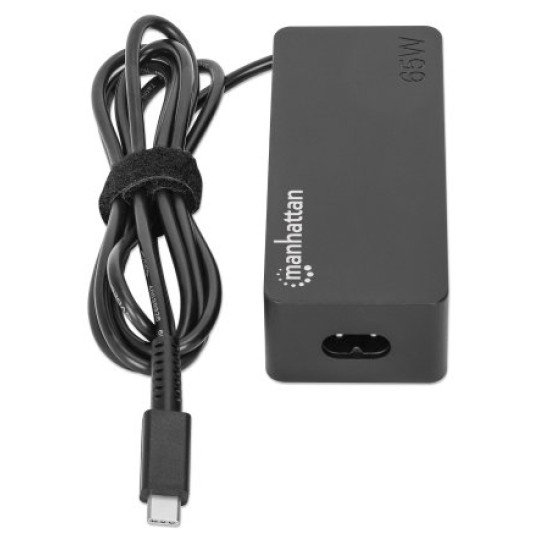 Manhattan Chargeur pour ordinateur portable USB-C Power Delivery 65 W, adaptateur secteur vers USB-C, tension universelle pour la plupart des ordinateurs portables, idéal en remplacement, avec câble secteur amovible et câble USB-C PD intégré, noir