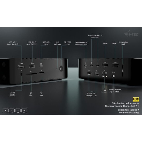 i-tec Thunderbolt5 Quattro Display Docking Station, 5x USB, 2.5 GLAN + Power Delivery 140W i-tec Thunderbolt5 Quattro Display Docking Station, 5x USB, 2.5 GLAN + Power Delivery 140W