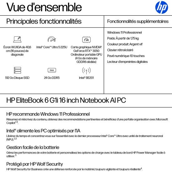 HP EliteBook 6 G1i AI Intel Core Ultra 5 225U Ordinateur portable 40,6 cm (16") WUXGA 24 Go DDR5-SDRAM 512 Go SSD Wi-Fi 7 (802.11be) Windows 11 Pro AI PC Argent