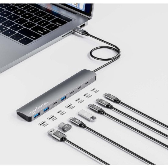 Manhattan Dock/hub USB-C, 7 ports : 3x USB-A + 4x USB-C, Pavec Power Delivery (PD) 100 W - nécessite un chargeur USB-C externe (non inclus). Alimenté par USB (aucune alimentation externe requise) lorsque le PD n'est pas utilisé, aluminium