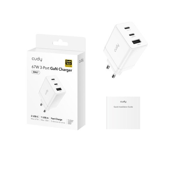 Cudy 67W 3-Port GaN Charger, CH67 1.0 Universel Blanc Secteur Charge rapide Intérieure