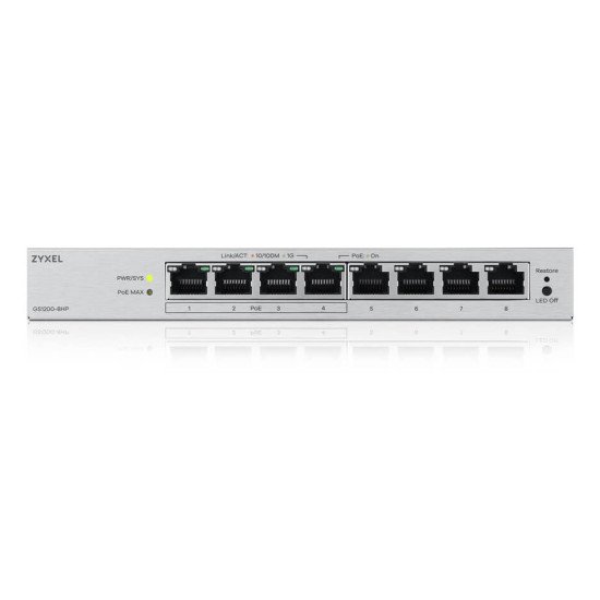 Zyxel GS1200-8HPV3 Géré L2 Gigabit Ethernet (10/100/1000) Connexion Ethernet POE Bureau Gris