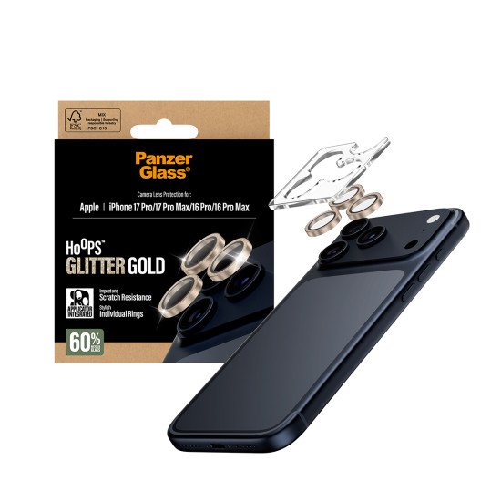 PanzerGlass ® Hoops® Glitter Gold Camera Lens Protector iPhone 17 Pro | iPhone 17 Pro Max | iPhone 16 Pro | 16 Pro Max Protection d'écran transparent Apple 1 pièce(s) PanzerGlass ® Hoops® Glitter Gold Camera Lens Protector iPhone 17 Pro | iPhone 17 Pro Max | iPhone 16 Pro | 16 Pro Max Protection d'écran transparent Apple 1 pièce(s)