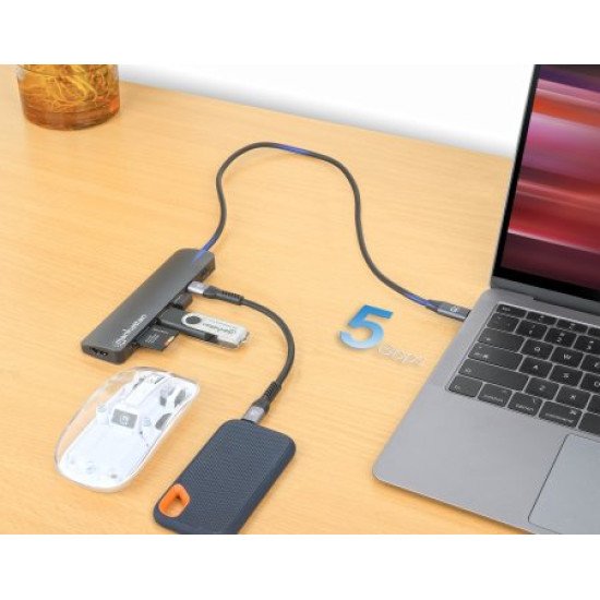 Manhattan Dock/hub USB-C avec lecteur de cartes, 5 ports : HDMI, 2x USB-A + 2x USB-C, avec Power Delivery (PD) 100 W - nécessite un chargeur USB-C externe (non inclus). Alimenté par USB (aucune alimentation externe requise) lorsque le PD n'est pas utilisé