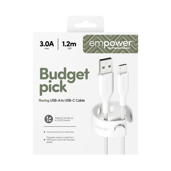 PanzerGlass empower™ by ® Racing 60W USB-A to USB-C Cable | USB 2.0 | 1.2M | Silver White câble USB Blanc