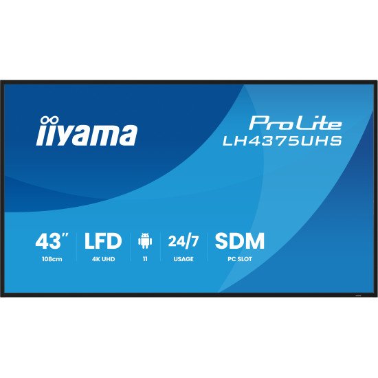 iiyama LH4375UHS-B2AG Écran d'affichage dynamique Écran plat de signalisation numérique 108 cm (42.5") LCD Wifi 500 cd/m² 4K Ultra HD Noir Intégré dans le processeur Android 11 24/7