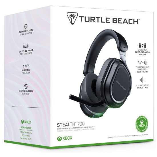 Turtle Beach Casque gaming amplifié multiplateforme sans fil Stealth 700 pour Xbox Series X|S, Xbox One, PC et mobile - Haut-parleurs 60 mm, microphone avec isolation acoustique par l'IA, Bluetooth. Batterie 80 heures – Noir