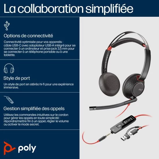 POLY Micro-casque stéréo USB-C Blackwire 5220 + prise 3,5 mm + adaptateur USB-C/A (lot) POLY Micro-casque stéréo USB-C Blackwire 5220 + prise 3,5 mm + adaptateur USB-C/A (lot)