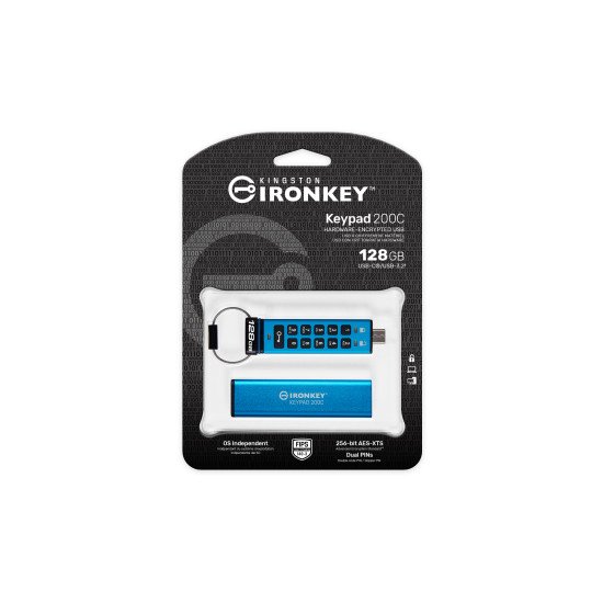 Kingston Technology IronKey Keypad 200 lecteur USB flash 128 Go USB Type-C 3.2 Gen 1 (3.1 Gen 1) Bleu