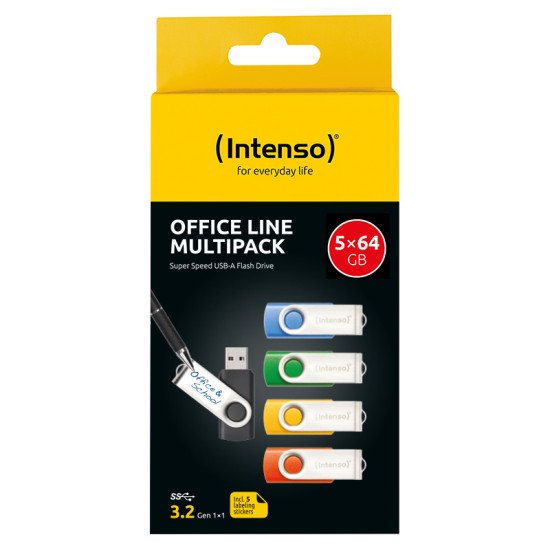 Intenso 5 x Clé USB Office Line, 64 Go, USB-A, 3.2 Gen 1x1, couleurs assorties
