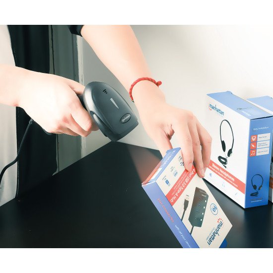 Manhattan Scanner de codes-barres CCD filaire, USB, largeur de lecture 60 mm, câble 152 cm, luminosité ambiante max. 5 000 lux, noir, garantie 3 ans