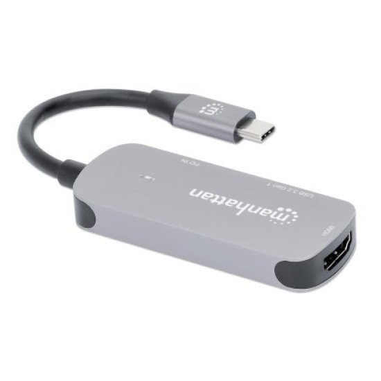 Manhattan Dock/hub USB-C, 3 ports : HDMI, USB-A, USB-C, avec Power Delivery (PD) 100 W - nécessite un chargeur USB-C externe (non inclus). Alimenté par USB (aucune alimentation externe requise) lorsque le PD n'est pas utilisé, aluminium
