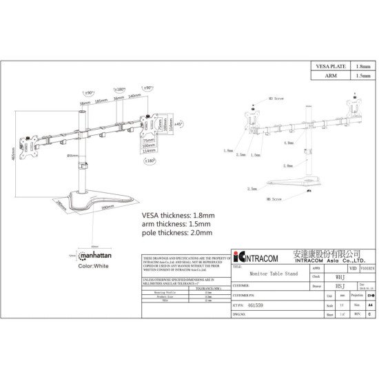Manhattan Support de bureau double pour TV/moniteurs (Bras articulé), écrans 10" à 27", montage sur pied, Compatibilité VESA : 75x75 et 100x100 mm (vérifiez les dimensions des quatre trous de fixation à l'arrière), charge max. 8 kg par écran, no