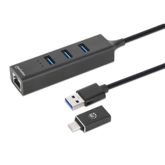 Manhattan Dock/hub combo USB-C & USB-A, 4 ports : Ethernet + 3x USB-A, 5 Gbit/s (USB 3.0), Alimenté par USB (aucune alimentation externe requise)