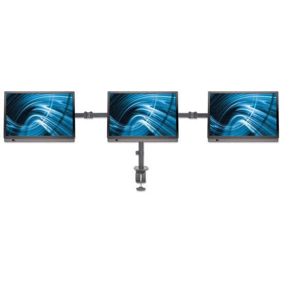 Manhattan Support de bureau triple pour TV/moniteurs, écrans 10" à 27", fixation à l'arrière par pince, Compatibilité VESA : 75x75 et 100x100 mm (vérifiez les dimensions des quatre trous de fixation à l'arrière), charge max. 7 kg par écran, noir