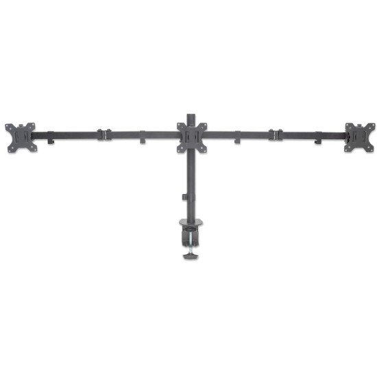Manhattan Support de bureau triple pour TV/moniteurs, écrans 10" à 27", fixation à l'arrière par pince, Compatibilité VESA : 75x75 et 100x100 mm (vérifiez les dimensions des quatre trous de fixation à l'arrière), charge max. 7 kg par écran, noir