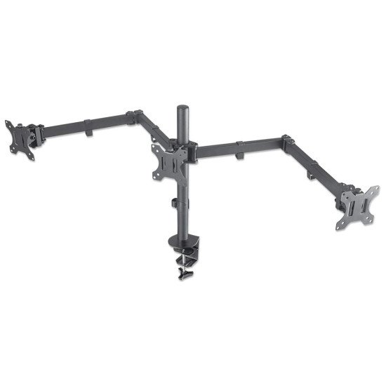 Manhattan Support de bureau triple pour TV/moniteurs, écrans 10" à 27", fixation à l'arrière par pince, Compatibilité VESA : 75x75 et 100x100 mm (vérifiez les dimensions des quatre trous de fixation à l'arrière), charge max. 7 kg par écran, noir