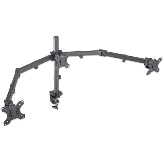 Manhattan Support de bureau triple pour TV/moniteurs, écrans 10" à 27", fixation à l'arrière par pince, Compatibilité VESA : 75x75 et 100x100 mm (vérifiez les dimensions des quatre trous de fixation à l'arrière), charge max. 7 kg par écran, noir
