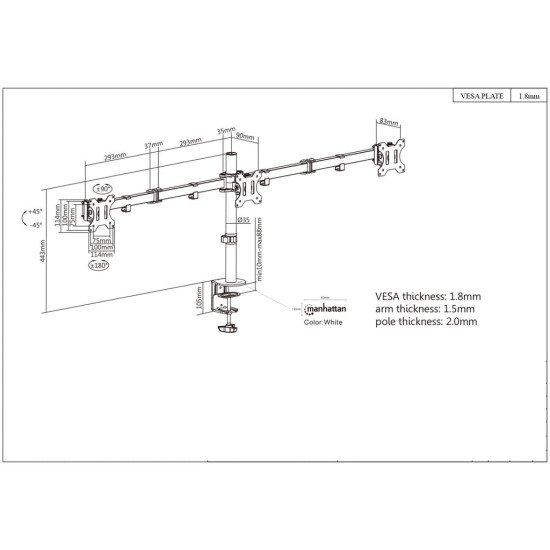 Manhattan Support de bureau triple pour TV/moniteurs, écrans 10" à 27", fixation à l'arrière par pince, Compatibilité VESA : 75x75 et 100x100 mm (vérifiez les dimensions des quatre trous de fixation à l'arrière), charge max. 7 kg par écran, noir