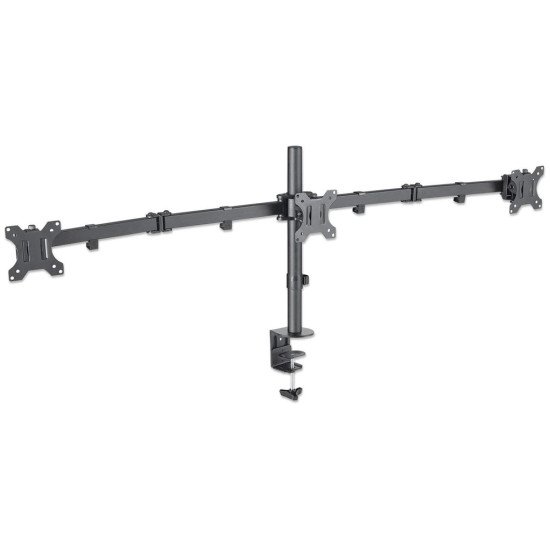 Manhattan Support de bureau triple pour TV/moniteurs, écrans 10" à 27", fixation à l'arrière par pince, Compatibilité VESA : 75x75 et 100x100 mm (vérifiez les dimensions des quatre trous de fixation à l'arrière), charge max. 7 kg par écran, noir