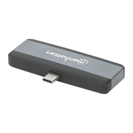 Manhattan Dock/hub de voyage USB-C, 4 ports : HDMI, USB-A, USB-C et audio 3,5 mm, avec Power Delivery (PD) 100 W - nécessite un chargeur USB-C externe (non inclus). Alimenté par USB (aucune alimentation externe requise) lorsque le PD n'est pas utilisé