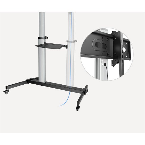 Manhattan Support sur roulettes pour TV/moniteurs, écrans 37" à 100", Compatibilité VESA : de 200x200 à 1000x600 mm (vérifiez les dimensions des quatre trous de fixation à l'arrière), charge max. 80 kg, hauteur réglable 1200–1600 mm
