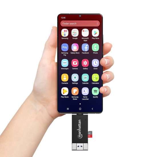 Manhattan Lecteur/enregistreur de cartes multiformat USB-A/USB-C, 5 Gbps (USB 3.0), connecteur mâle vers emplacements microSD et SD/MMC, format mini, compatible avec Windows ou Mac, noir/translucide, garantie de 3 ans