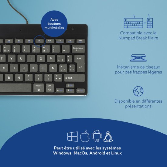 R-Go Tools Clavier ergonomique R-Go Compact Break, clavier compact avec logiciel de pause, AZERTY (BE), filaire, noir