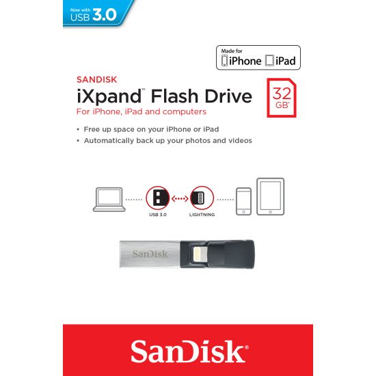 Sandisk iXpand lecteur USB flash 32 Go USB Type-A / Lightning 3.2 Gen 1 (3.1 Gen 1) Noir, Argent