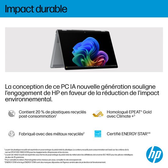 HP OmniBook X FlipNGAI 16-ar0771nb Copilot+ PC AMD Ryzen AI 7 350 Hybride (2-en-1) 40,6 cm (16") Écran tactile 2K 16 Go LPDDR5x-SDRAM 1 To SSD Wi-Fi 6E (802.11ax) Windows 11 Home Argent