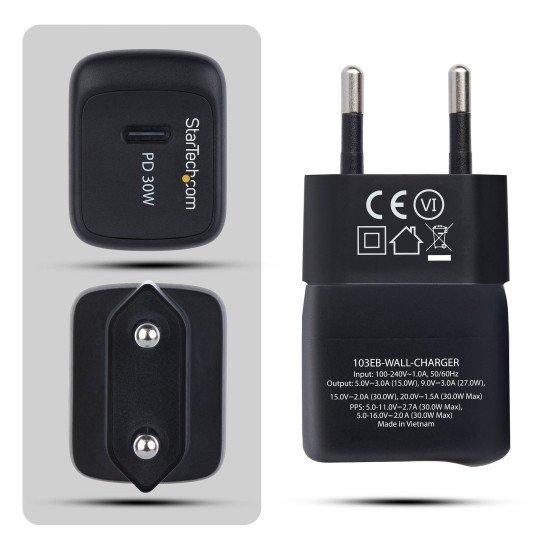 StarTech.com Chargeur Mural USB‑C 30W, Chargeur GaN Portable, Charge Rapide USB Power Delivery, GaN 5V/9V/15/20V PD, Chargeur USB-C, Noir