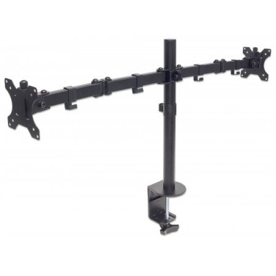 Manhattan Support de bureau double pour TV/moniteurs (Bras articulé), écrans 10" à 27", fixation à l'arrière par pince, Compatibilité VESA : 75x75 et 100x100 mm (vérifiez les dimensions des quatre trous de fixation à l'arrière), charge max. 8 kg