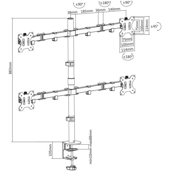 Manhattan Support de bureau quadruple pour TV/moniteurs, écrans 10" à 27", montage sur pied ou par pince, Compatibilité VESA : 75x75 et 100x100 mm (vérifiez les dimensions des quatre trous de fixation à l'arrière), charge max. 8 kg par écran, no