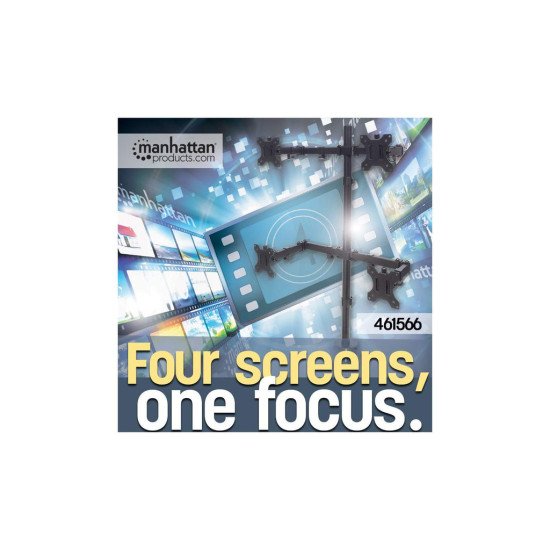 Manhattan Support de bureau quadruple pour TV/moniteurs, écrans 10" à 27", montage sur pied ou par pince, Compatibilité VESA : 75x75 et 100x100 mm (vérifiez les dimensions des quatre trous de fixation à l'arrière), charge max. 8 kg par écran, no