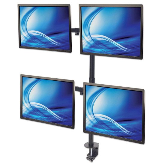 Manhattan Support de bureau quadruple pour TV/moniteurs, écrans 10" à 27", montage sur pied ou par pince, Compatibilité VESA : 75x75 et 100x100 mm (vérifiez les dimensions des quatre trous de fixation à l'arrière), charge max. 8 kg par écran, no