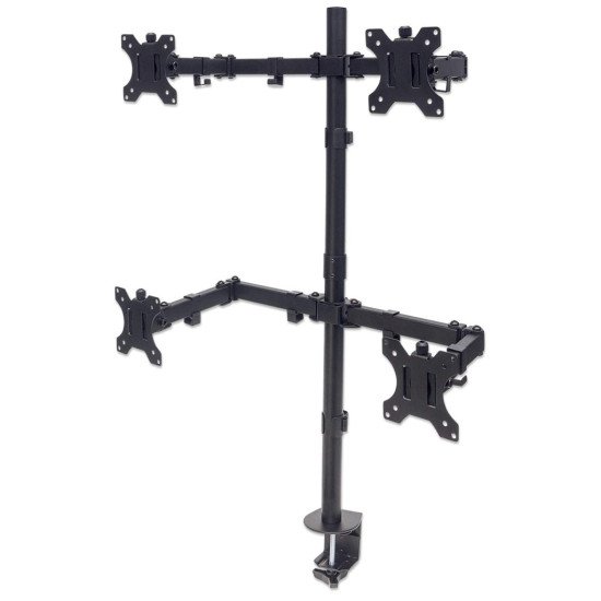 Manhattan Support de bureau quadruple pour TV/moniteurs, écrans 10" à 27", montage sur pied ou par pince, Compatibilité VESA : 75x75 et 100x100 mm (vérifiez les dimensions des quatre trous de fixation à l'arrière), charge max. 8 kg par écran, no