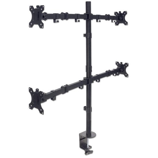 Manhattan Support de bureau quadruple pour TV/moniteurs, écrans 10" à 27", montage sur pied ou par pince, Compatibilité VESA : 75x75 et 100x100 mm (vérifiez les dimensions des quatre trous de fixation à l'arrière), charge max. 8 kg par écran, no