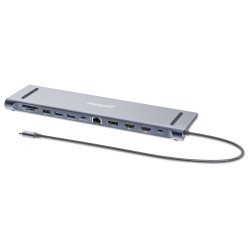 Manhattan Dock/hub USB-C avec lecteur de cartes: audio 3,5 mm, DisplayPort, Ethernet, 2x HDMI, 3x USB-A + 2x USB-C,avec PD 100W - nécessite un chargeur USB-C externe (non inclus).Alimenté par USB (aucune alimentation externe requise) lorsque le PD n'est p