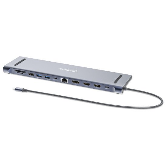 Manhattan Dock/hub USB-C avec lecteur de cartes: audio 3,5 mm, DisplayPort, Ethernet, 2x HDMI, 3x USB-A + 2x USB-C,avec PD 100W - nécessite un chargeur USB-C externe (non inclus).Alimenté par USB (aucune alimentation externe requise) lorsque le PD n'est p